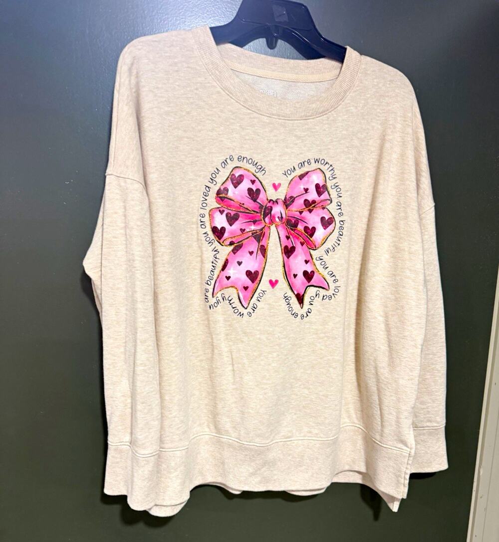 Time and Tru Women’s 1X Beige Crewneck custom uplifting Graphic Heart Sweatshirt